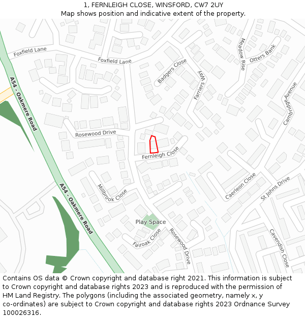 1, FERNLEIGH CLOSE, WINSFORD, CW7 2UY: Location map and indicative extent of plot