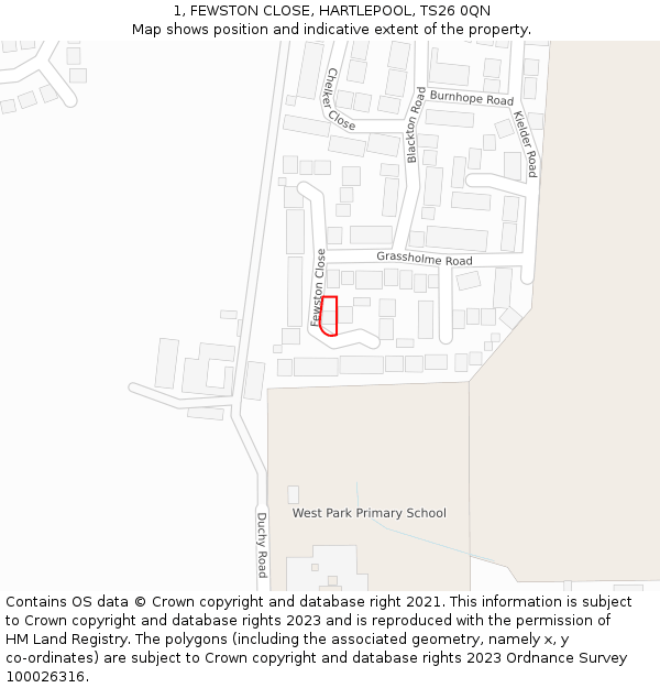1, FEWSTON CLOSE, HARTLEPOOL, TS26 0QN: Location map and indicative extent of plot