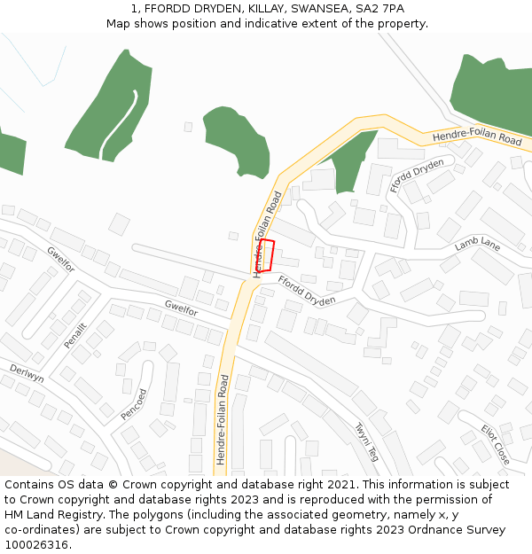 1, FFORDD DRYDEN, KILLAY, SWANSEA, SA2 7PA: Location map and indicative extent of plot