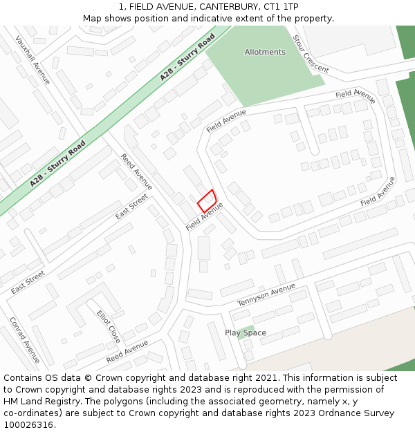 1, FIELD AVENUE, CANTERBURY, CT1 1TP: Location map and indicative extent of plot