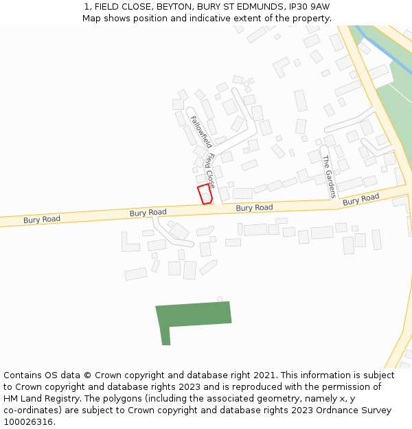 1, FIELD CLOSE, BEYTON, BURY ST EDMUNDS, IP30 9AW: Location map and indicative extent of plot