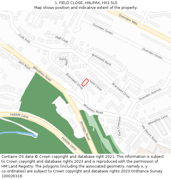 1, FIELD CLOSE, HALIFAX, HX3 5LS: Location map and indicative extent of plot