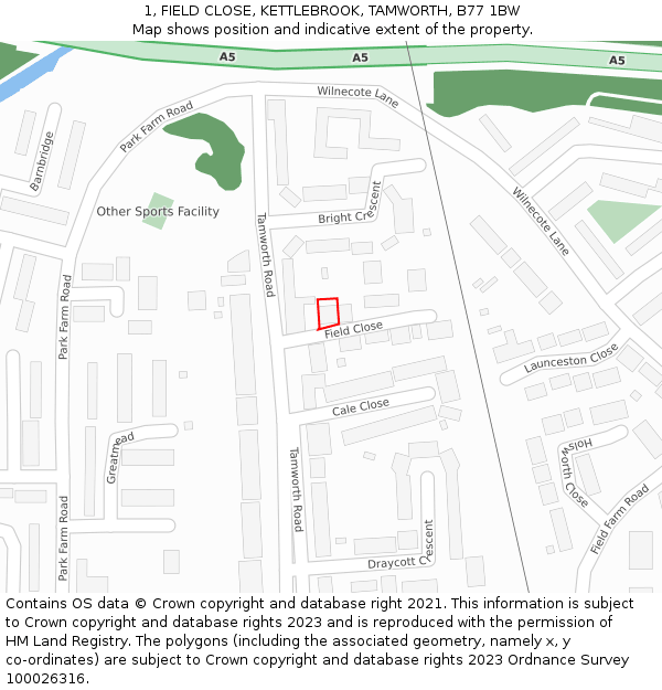 1, FIELD CLOSE, KETTLEBROOK, TAMWORTH, B77 1BW: Location map and indicative extent of plot