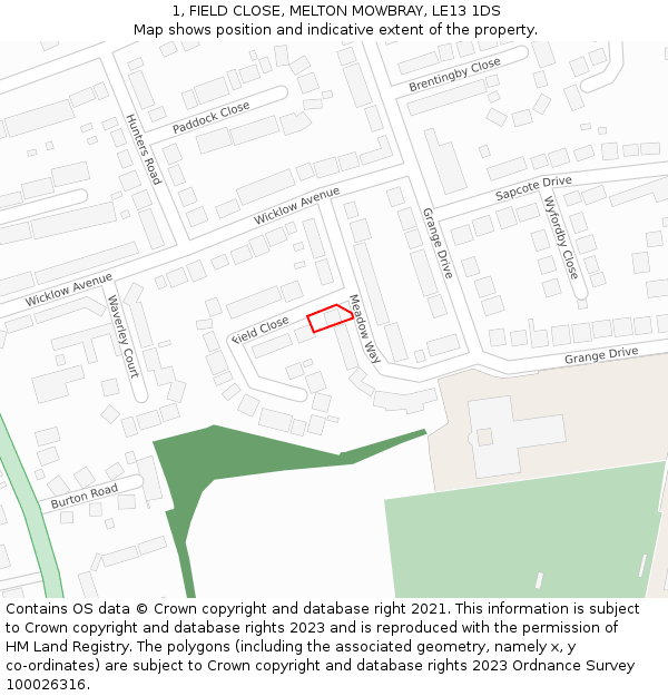 1, FIELD CLOSE, MELTON MOWBRAY, LE13 1DS: Location map and indicative extent of plot