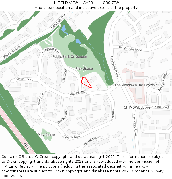 1, FIELD VIEW, HAVERHILL, CB9 7FW: Location map and indicative extent of plot
