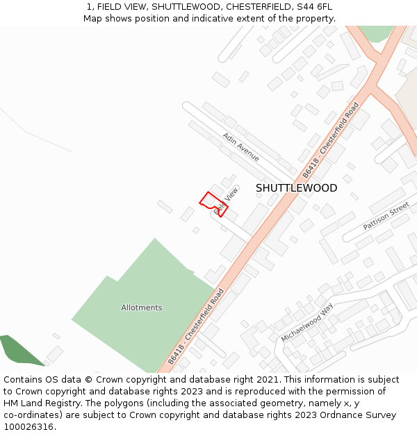 1, FIELD VIEW, SHUTTLEWOOD, CHESTERFIELD, S44 6FL: Location map and indicative extent of plot
