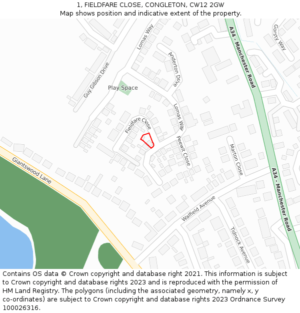1, FIELDFARE CLOSE, CONGLETON, CW12 2GW: Location map and indicative extent of plot