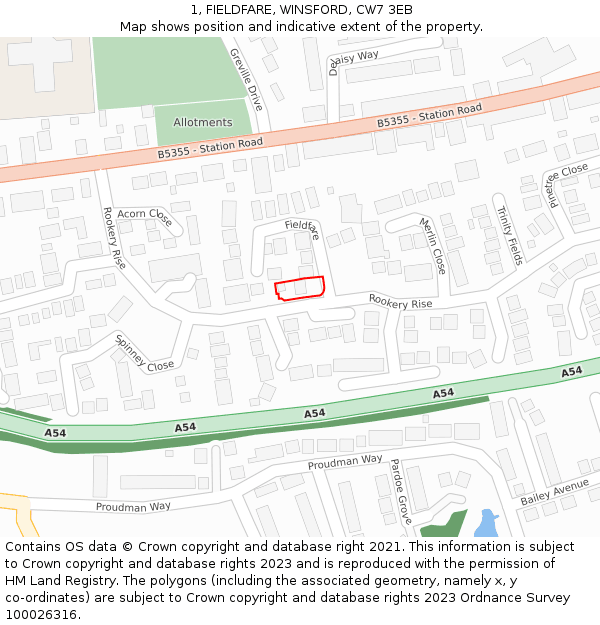 1, FIELDFARE, WINSFORD, CW7 3EB: Location map and indicative extent of plot