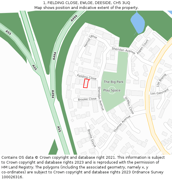 1, FIELDING CLOSE, EWLOE, DEESIDE, CH5 3UQ: Location map and indicative extent of plot