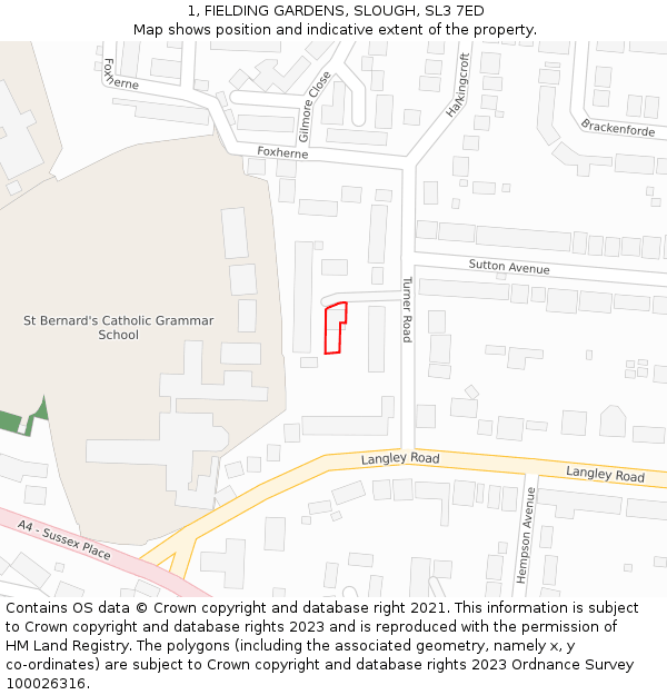 1, FIELDING GARDENS, SLOUGH, SL3 7ED: Location map and indicative extent of plot