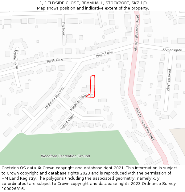 1, FIELDSIDE CLOSE, BRAMHALL, STOCKPORT, SK7 1JD: Location map and indicative extent of plot