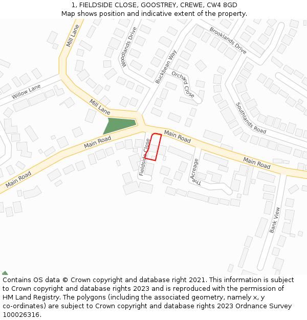 1, FIELDSIDE CLOSE, GOOSTREY, CREWE, CW4 8GD: Location map and indicative extent of plot