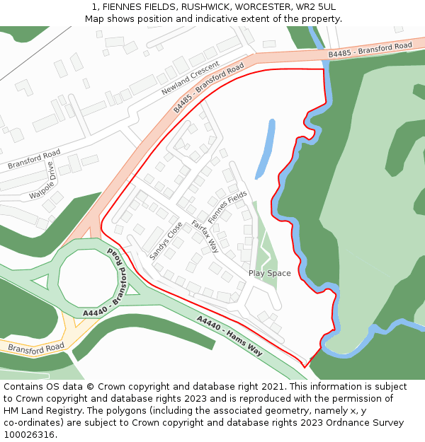 1, FIENNES FIELDS, RUSHWICK, WORCESTER, WR2 5UL: Location map and indicative extent of plot