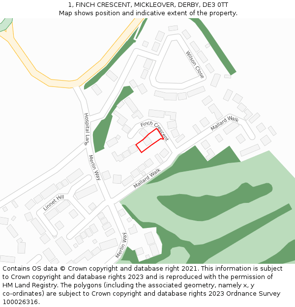 1, FINCH CRESCENT, MICKLEOVER, DERBY, DE3 0TT: Location map and indicative extent of plot