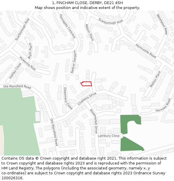 1, FINCHAM CLOSE, DERBY, DE21 4SH: Location map and indicative extent of plot