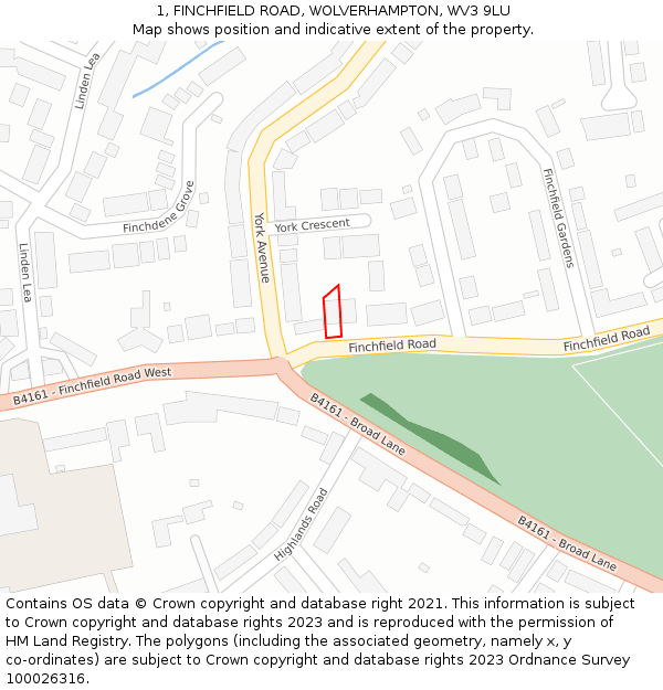 1, FINCHFIELD ROAD, WOLVERHAMPTON, WV3 9LU: Location map and indicative extent of plot