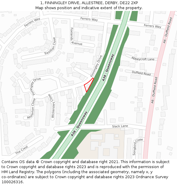 1, FINNINGLEY DRIVE, ALLESTREE, DERBY, DE22 2XP: Location map and indicative extent of plot