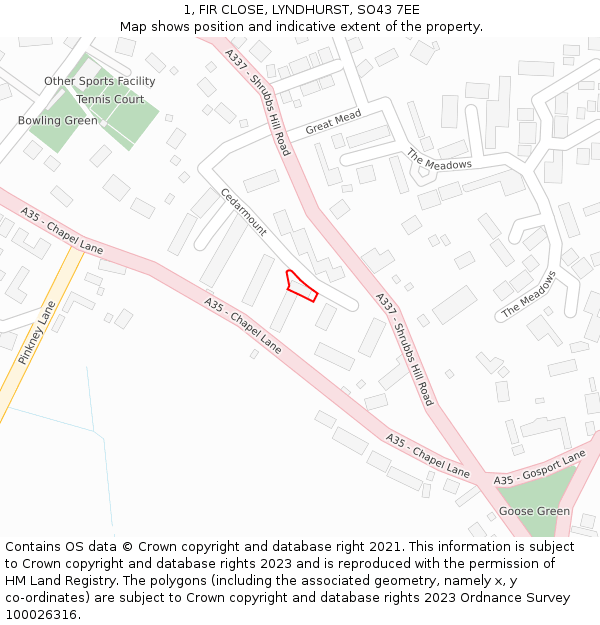 1, FIR CLOSE, LYNDHURST, SO43 7EE: Location map and indicative extent of plot