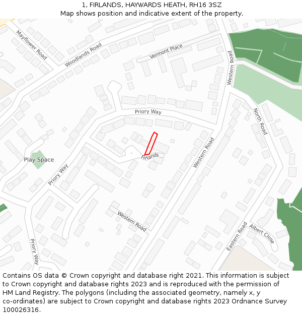 1, FIRLANDS, HAYWARDS HEATH, RH16 3SZ: Location map and indicative extent of plot