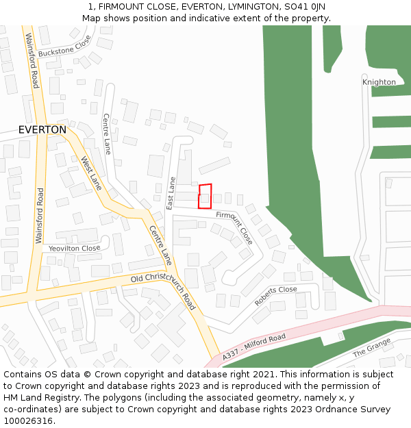 1, FIRMOUNT CLOSE, EVERTON, LYMINGTON, SO41 0JN: Location map and indicative extent of plot