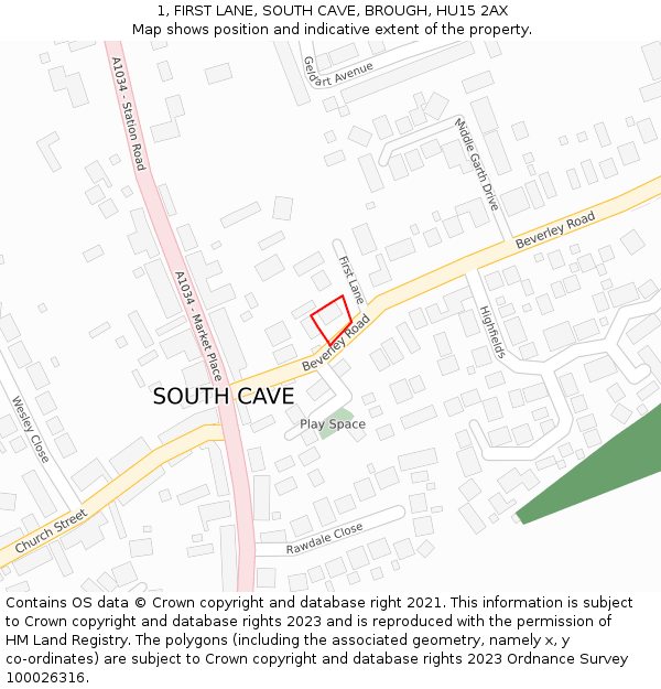 1, FIRST LANE, SOUTH CAVE, BROUGH, HU15 2AX: Location map and indicative extent of plot