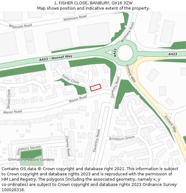 1, FISHER CLOSE, BANBURY, OX16 3ZW: Location map and indicative extent of plot