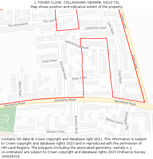 1, FISHER CLOSE, COLLINGHAM, NEWARK, NG23 7SL: Location map and indicative extent of plot