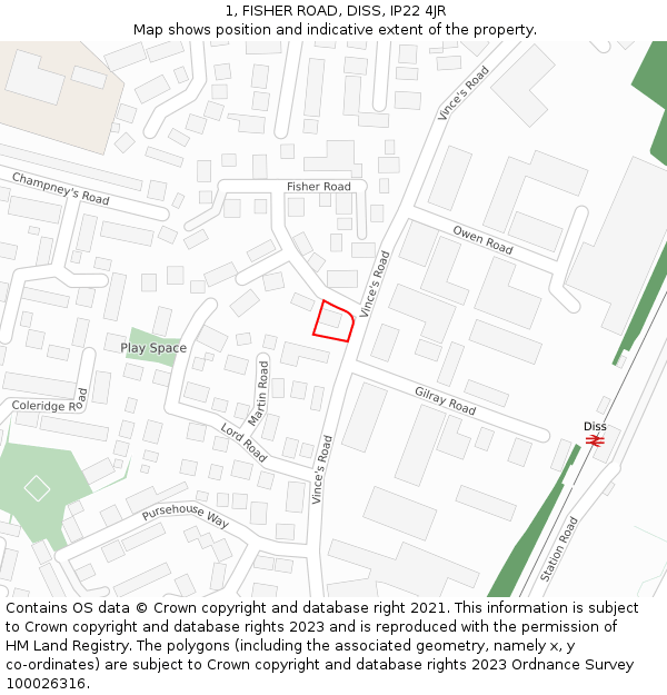 1, FISHER ROAD, DISS, IP22 4JR: Location map and indicative extent of plot