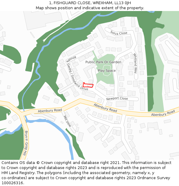 1, FISHGUARD CLOSE, WREXHAM, LL13 0JH: Location map and indicative extent of plot