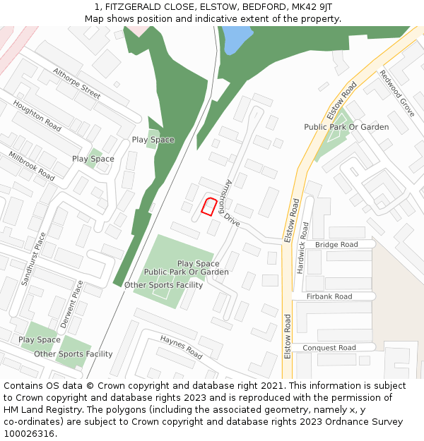 1, FITZGERALD CLOSE, ELSTOW, BEDFORD, MK42 9JT: Location map and indicative extent of plot