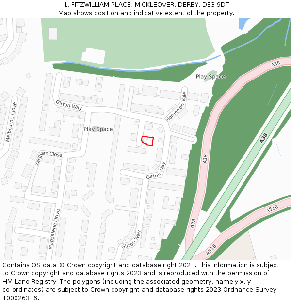 1, FITZWILLIAM PLACE, MICKLEOVER, DERBY, DE3 9DT: Location map and indicative extent of plot