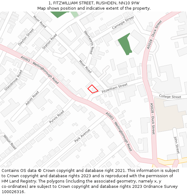 1, FITZWILLIAM STREET, RUSHDEN, NN10 9YW: Location map and indicative extent of plot