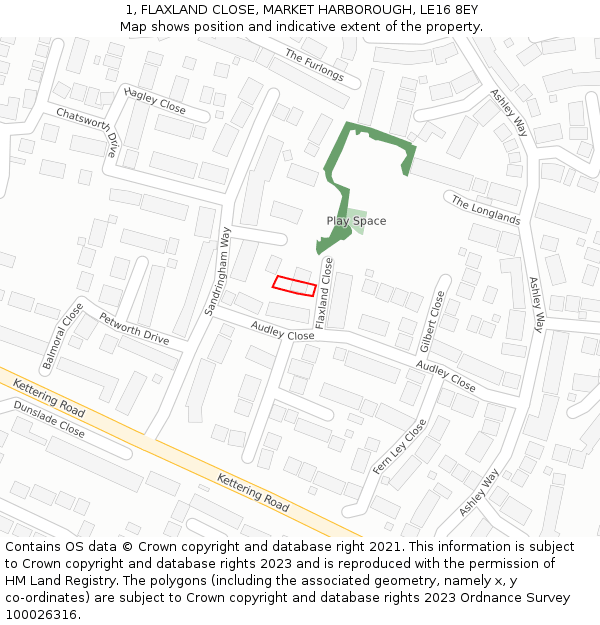1, FLAXLAND CLOSE, MARKET HARBOROUGH, LE16 8EY: Location map and indicative extent of plot