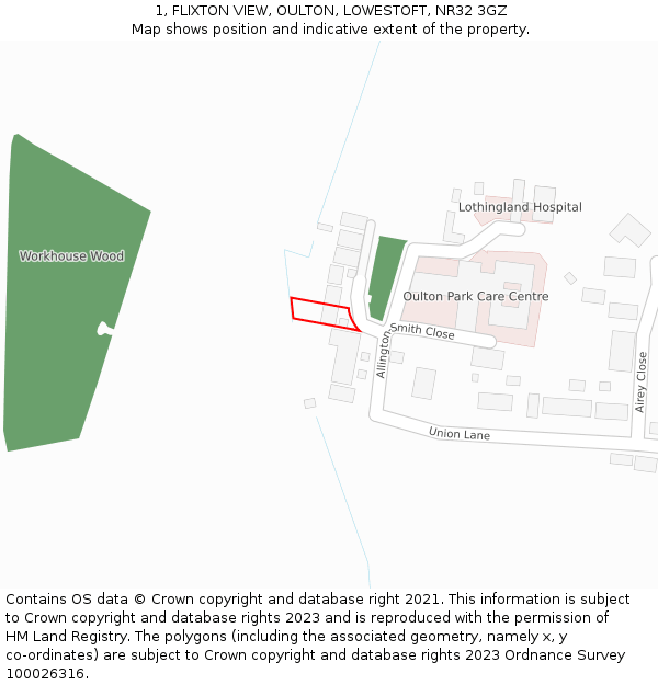 1, FLIXTON VIEW, OULTON, LOWESTOFT, NR32 3GZ: Location map and indicative extent of plot
