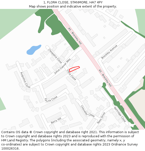 1, FLORA CLOSE, STANMORE, HA7 4PY: Location map and indicative extent of plot