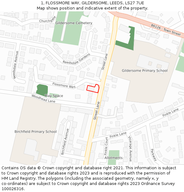 1, FLOSSMORE WAY, GILDERSOME, LEEDS, LS27 7UE: Location map and indicative extent of plot