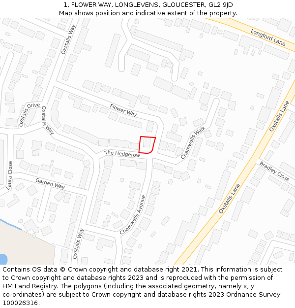 1, FLOWER WAY, LONGLEVENS, GLOUCESTER, GL2 9JD: Location map and indicative extent of plot