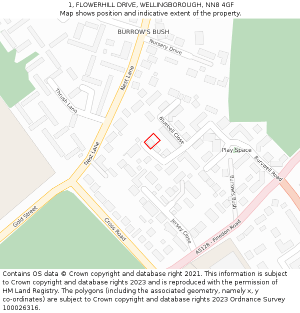 1, FLOWERHILL DRIVE, WELLINGBOROUGH, NN8 4GF: Location map and indicative extent of plot