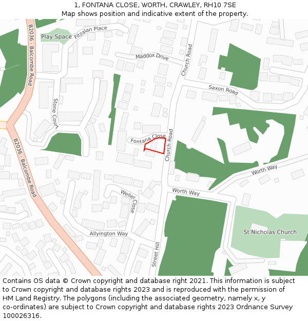 1, FONTANA CLOSE, WORTH, CRAWLEY, RH10 7SE: Location map and indicative extent of plot