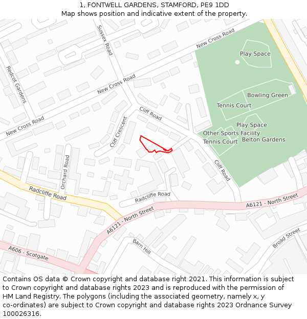 1, FONTWELL GARDENS, STAMFORD, PE9 1DD: Location map and indicative extent of plot