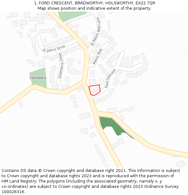 1, FORD CRESCENT, BRADWORTHY, HOLSWORTHY, EX22 7QR: Location map and indicative extent of plot