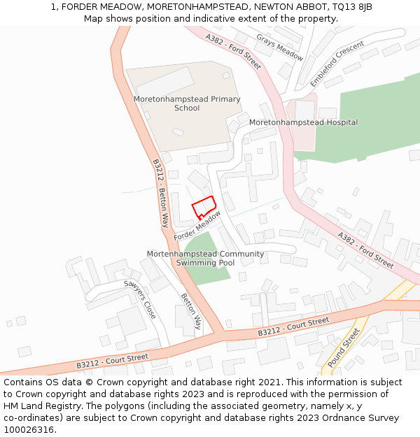 1, FORDER MEADOW, MORETONHAMPSTEAD, NEWTON ABBOT, TQ13 8JB: Location map and indicative extent of plot