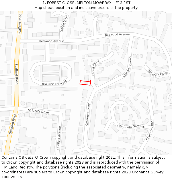 1, FOREST CLOSE, MELTON MOWBRAY, LE13 1ST: Location map and indicative extent of plot