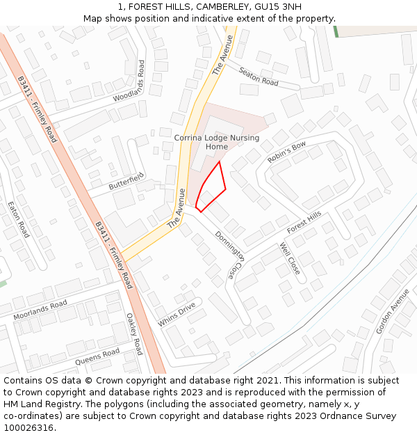 1, FOREST HILLS, CAMBERLEY, GU15 3NH: Location map and indicative extent of plot