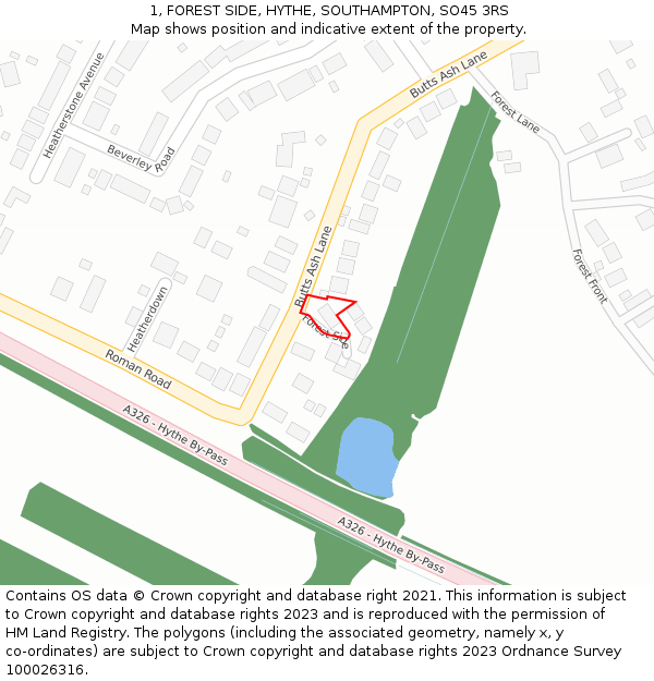 1, FOREST SIDE, HYTHE, SOUTHAMPTON, SO45 3RS: Location map and indicative extent of plot