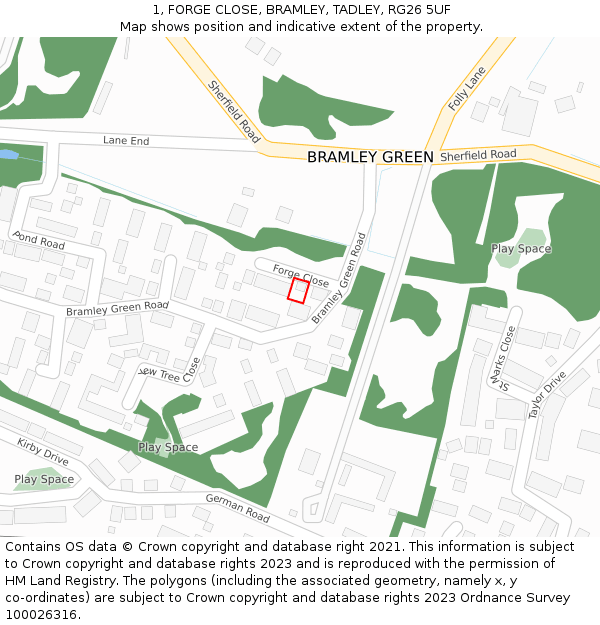 1, FORGE CLOSE, BRAMLEY, TADLEY, RG26 5UF: Location map and indicative extent of plot