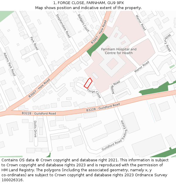 1, FORGE CLOSE, FARNHAM, GU9 9PX: Location map and indicative extent of plot