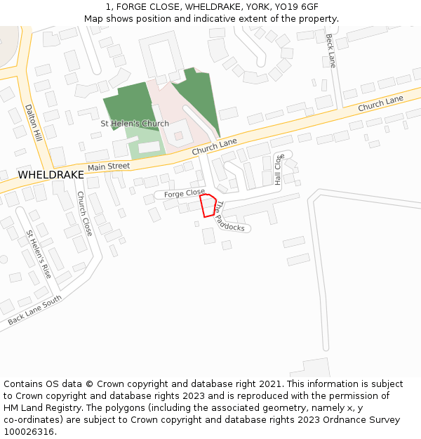 1, FORGE CLOSE, WHELDRAKE, YORK, YO19 6GF: Location map and indicative extent of plot