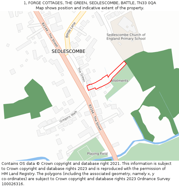 1, FORGE COTTAGES, THE GREEN, SEDLESCOMBE, BATTLE, TN33 0QA: Location map and indicative extent of plot