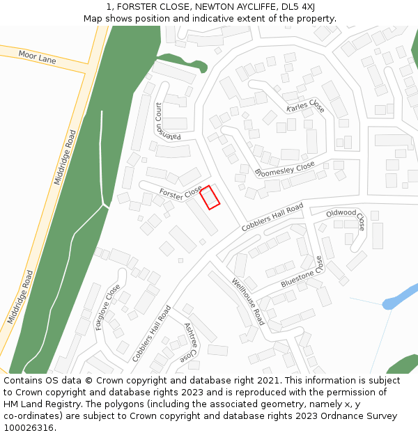 1, FORSTER CLOSE, NEWTON AYCLIFFE, DL5 4XJ: Location map and indicative extent of plot